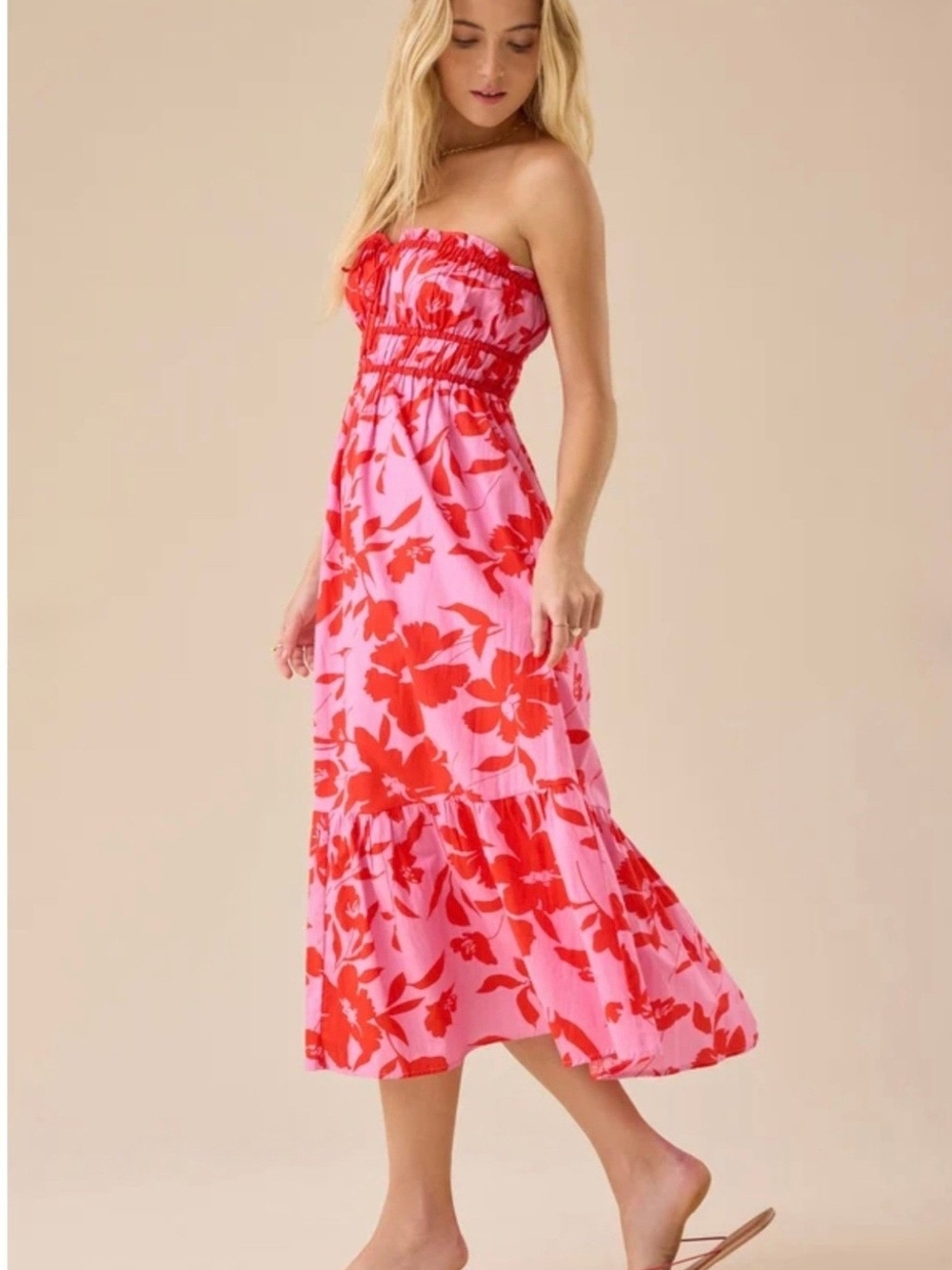 Smocked Strapless Pink Dress with Red Floral Print - Picture 2 of 9